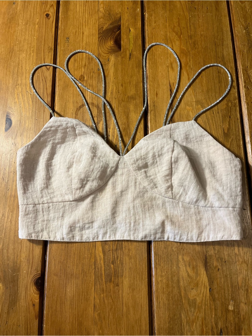 Linen Crop Bralette with Blingy metallic  Straps - Light Beige